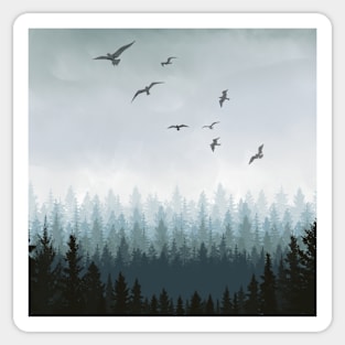 Cloudy or misty forest with pine trees and birds Sticker